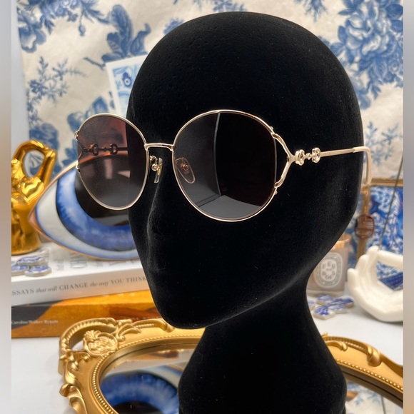 🆕 GUCCI 🧿 NWOT GG1017 Light Gold Metal Rimmed Round Sunglasses Brown Gradient - Picture 12 of 16